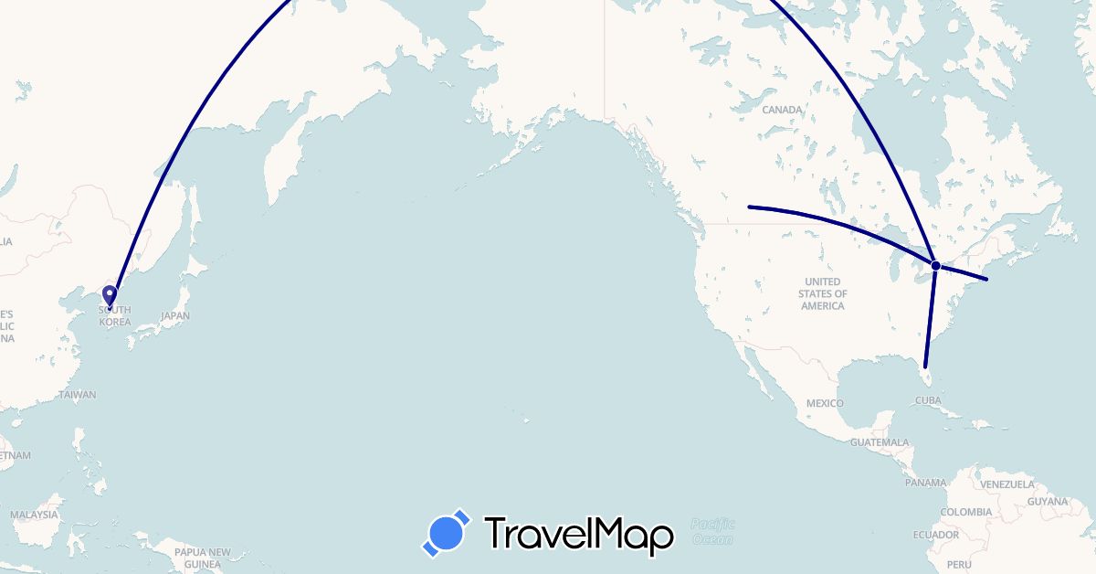 TravelMap itinerary: driving in Canada, South Korea, United States (Asia, North America)